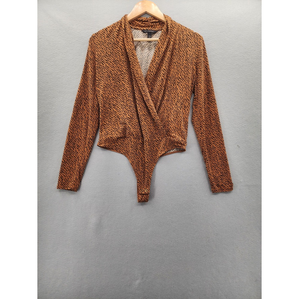 Banana Republic Animal Print Bodysuit Small Brown Tiger Stripe Wrap Long Sleeve